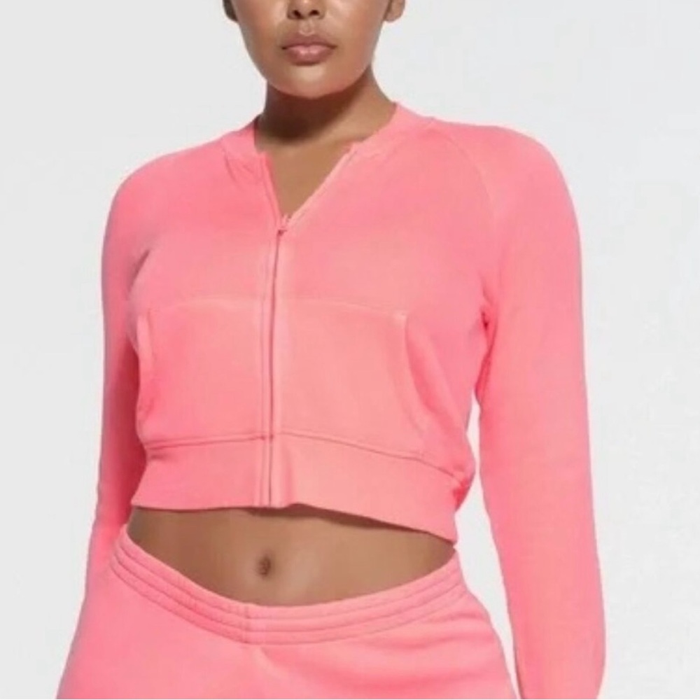 SKIMS Pink Fitted Cropped Hoodie with Mandarin Collar